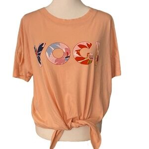 Claudie Pierlot Peach Orange Short Sleeve Waist Tie YOGI Print Knit T-Shirt SZ 2